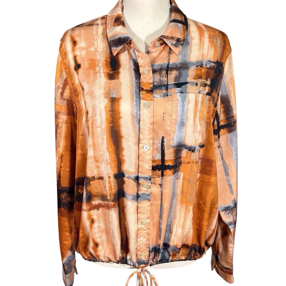 RM Rebecca Minkoff Abstract Print Top Womens Petite XL PXL Brown Orange Earthy